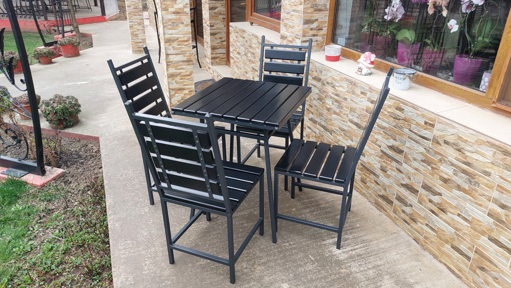 Set terasă masă 600x600mm cu 4 scaune – lemn gri antracit și fier negru mat