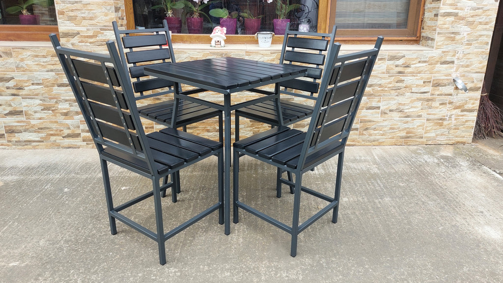 Set terasă masă 600x600mm cu 4 scaune – lemn gri antracit și fier negru mat