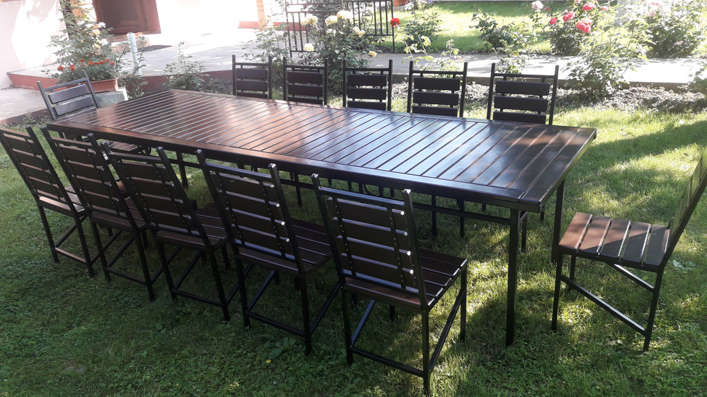 Set terasă masă 3000x1000mm cu 12 scaune – lemn alun și fier negru mat
