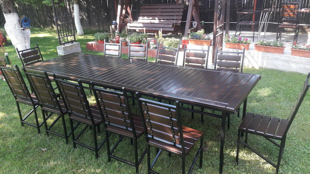 Set terasă masă 3000x1000mm cu 12 scaune – lemn alun și fier negru mat