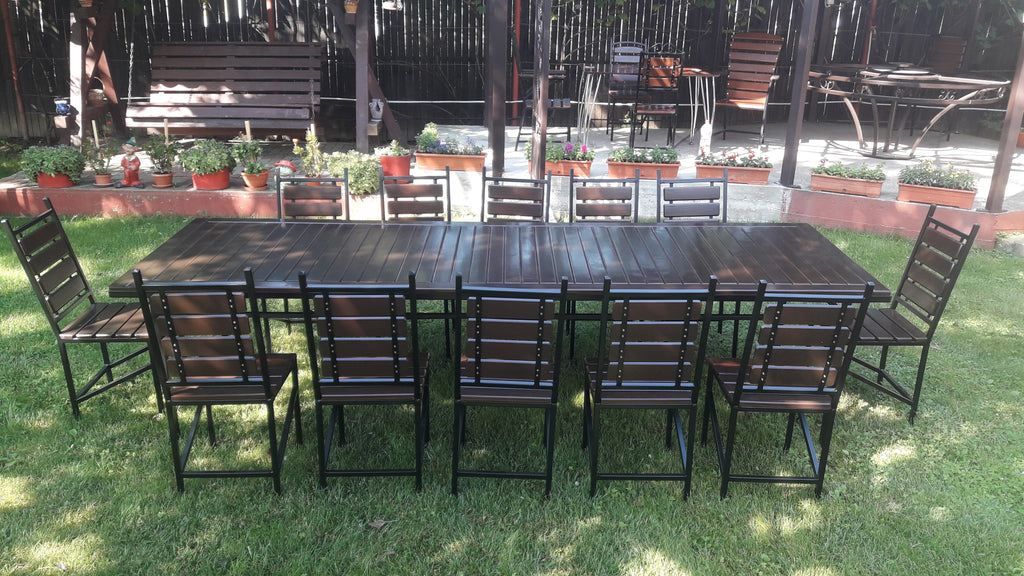 Set terasă masă 3000x1000mm cu 12 scaune – lemn alun și fier negru mat