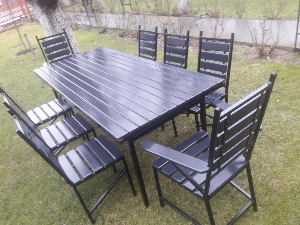 Set masă terasă 2000x900mm – scanduri gri antracit, cadru fier negru, 8 scaune