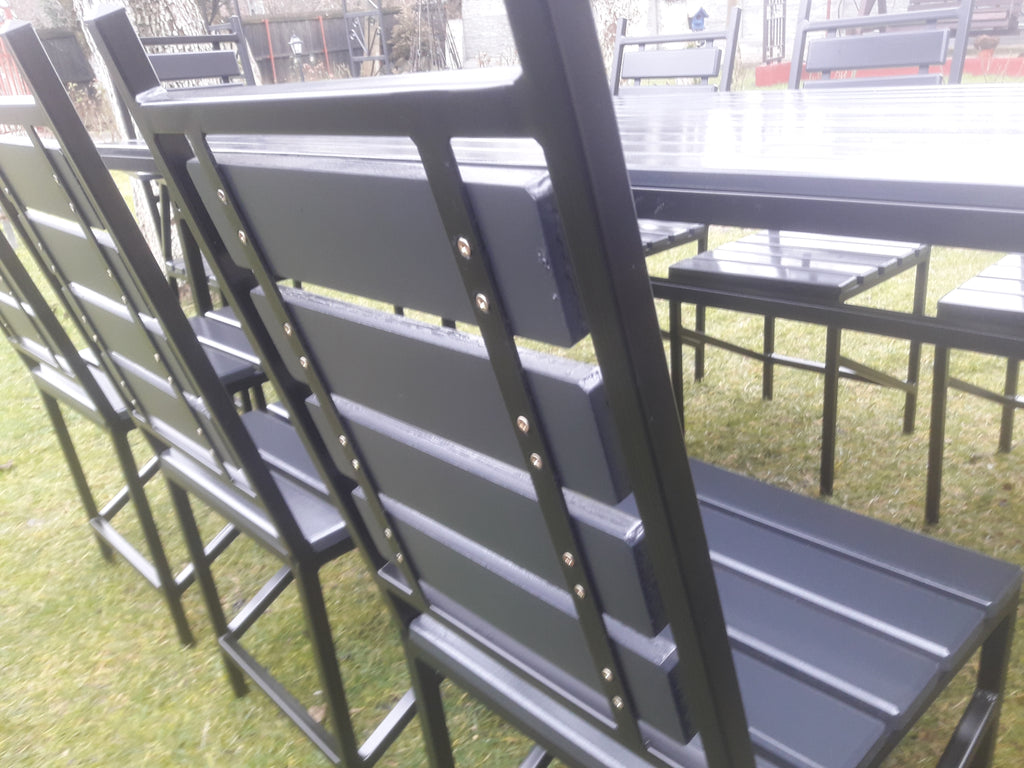Set masă terasă 2000x900mm – scanduri gri antracit, cadru fier negru, 8 scaune
