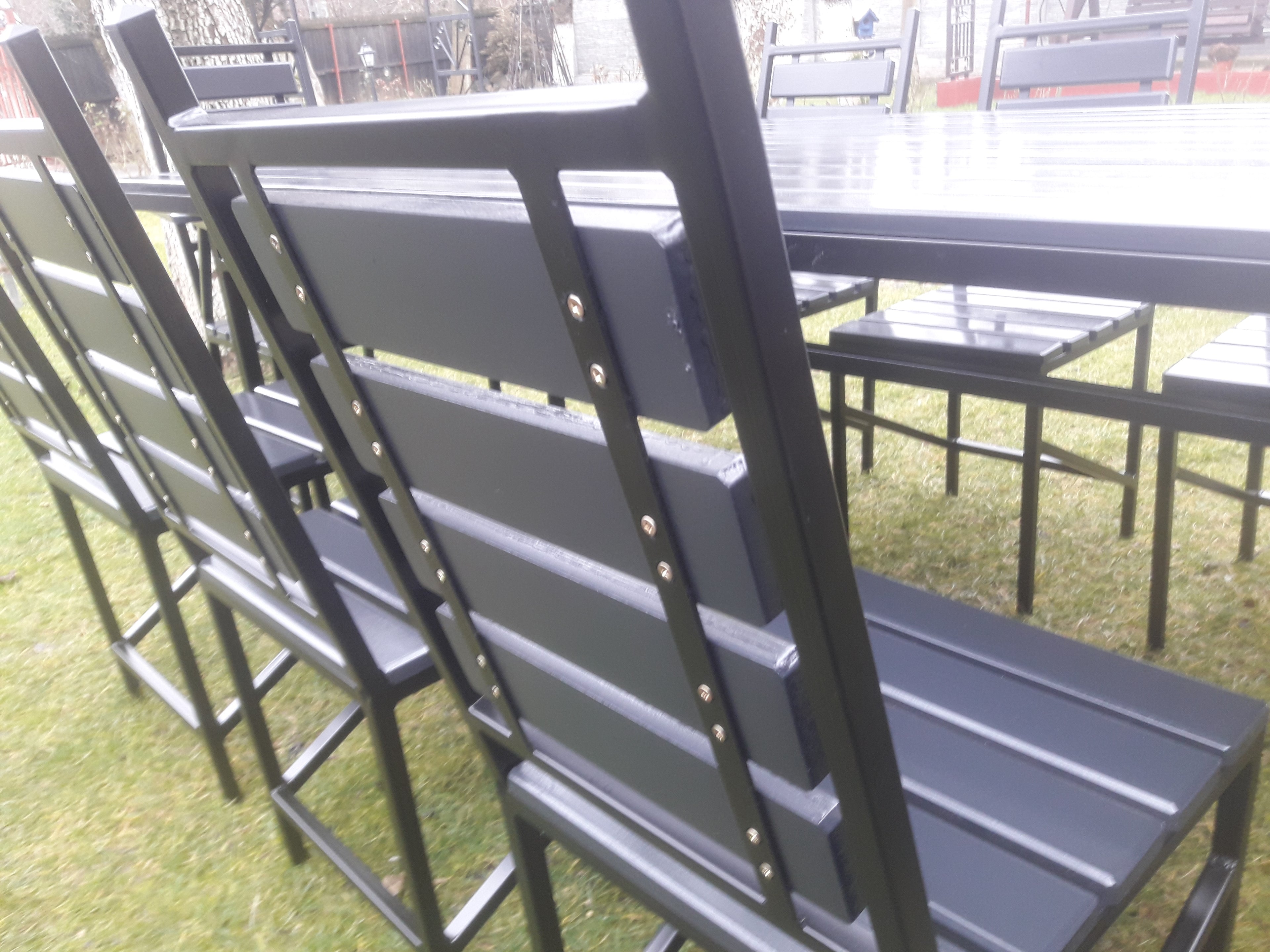 Set masă terasă 2000x900mm – scanduri gri antracit, cadru fier negru, 8 scaune