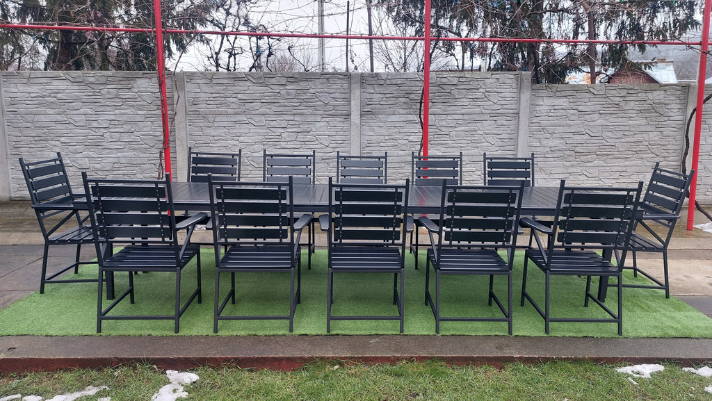 Set masă terasă 4000x1000mm – scanduri gri antracit, cadru fier negru, 12 scaune cu cotiere