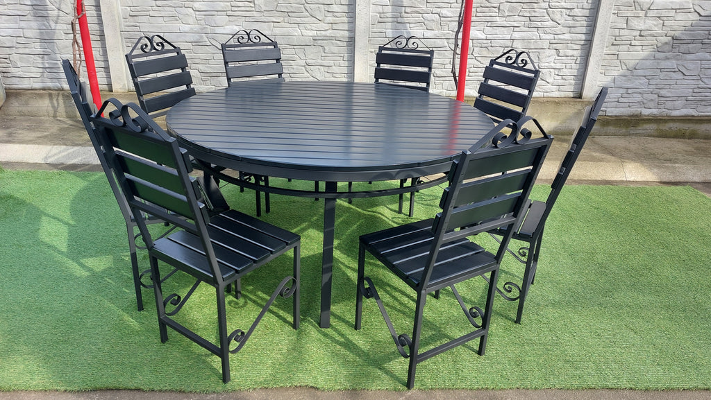 Set masă rotundă terasă Ø1600mm – scanduri gri antracit, cadru fier negru, 8 scaune