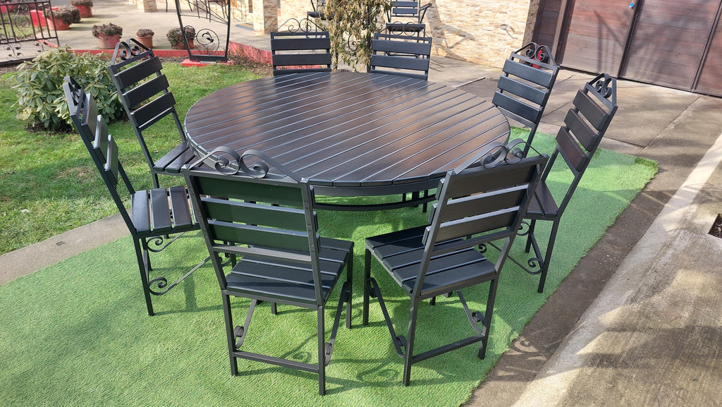 Set masă rotundă terasă Ø1600mm – scanduri gri antracit, cadru fier negru, 8 scaune
