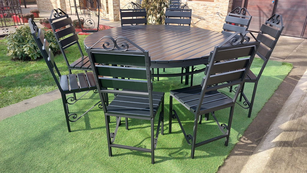 Set masă rotundă terasă Ø1600mm – scanduri gri antracit, cadru fier negru, 8 scaune
