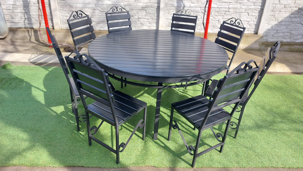 Set masă rotundă terasă Ø1600mm – scanduri gri antracit, cadru fier negru, 8 scaune
