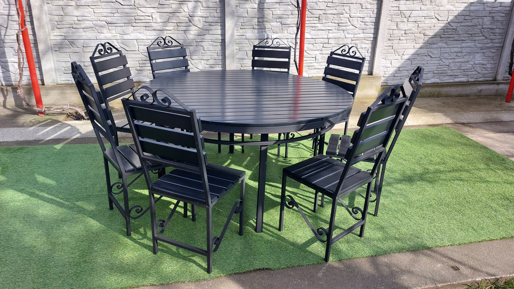 Set masă rotundă terasă Ø1600mm – scanduri gri antracit, cadru fier negru, 8 scaune