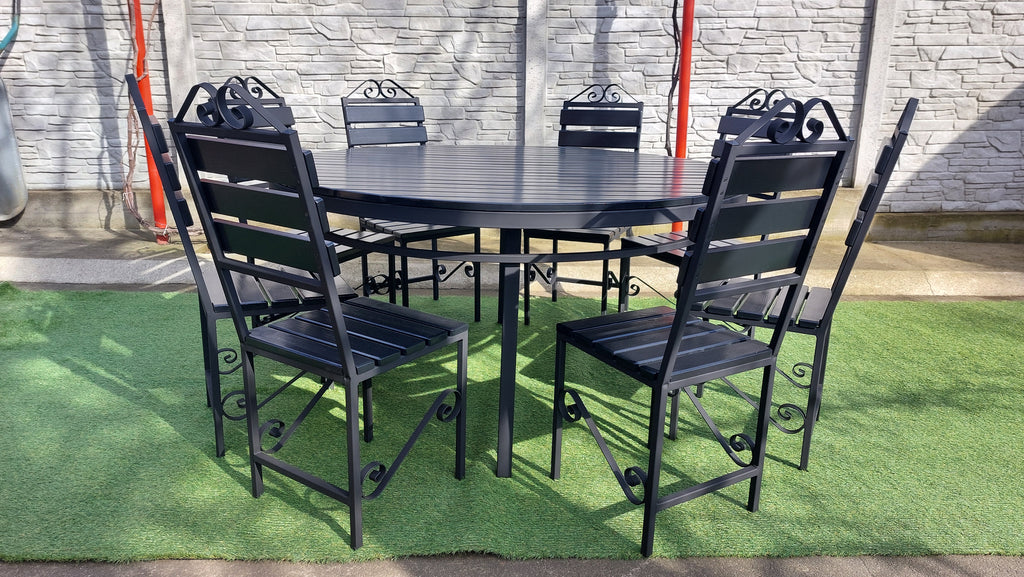 Set masă rotundă terasă Ø1600mm – scanduri gri antracit, cadru fier negru, 8 scaune