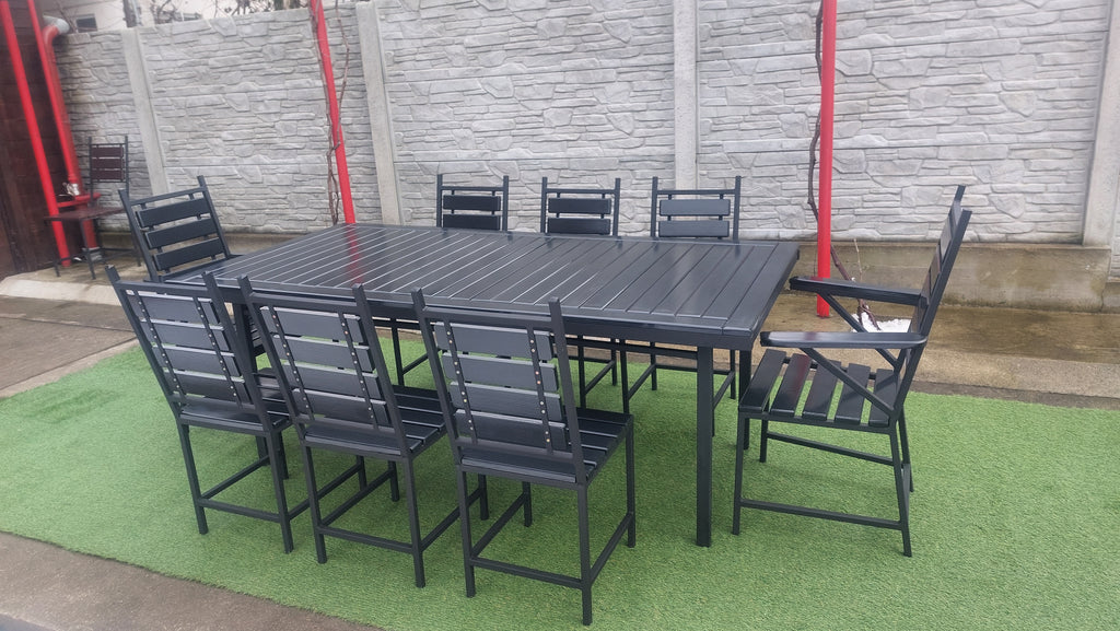 Set masă terasă 2000x1000mm – scanduri gri antracit, cadru fier negru, 8 scaune