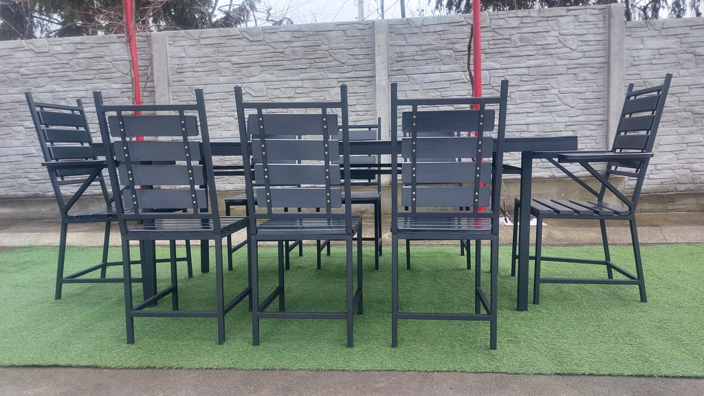 Set masă terasă 2000x1000mm – scanduri gri antracit, cadru fier negru, 8 scaune