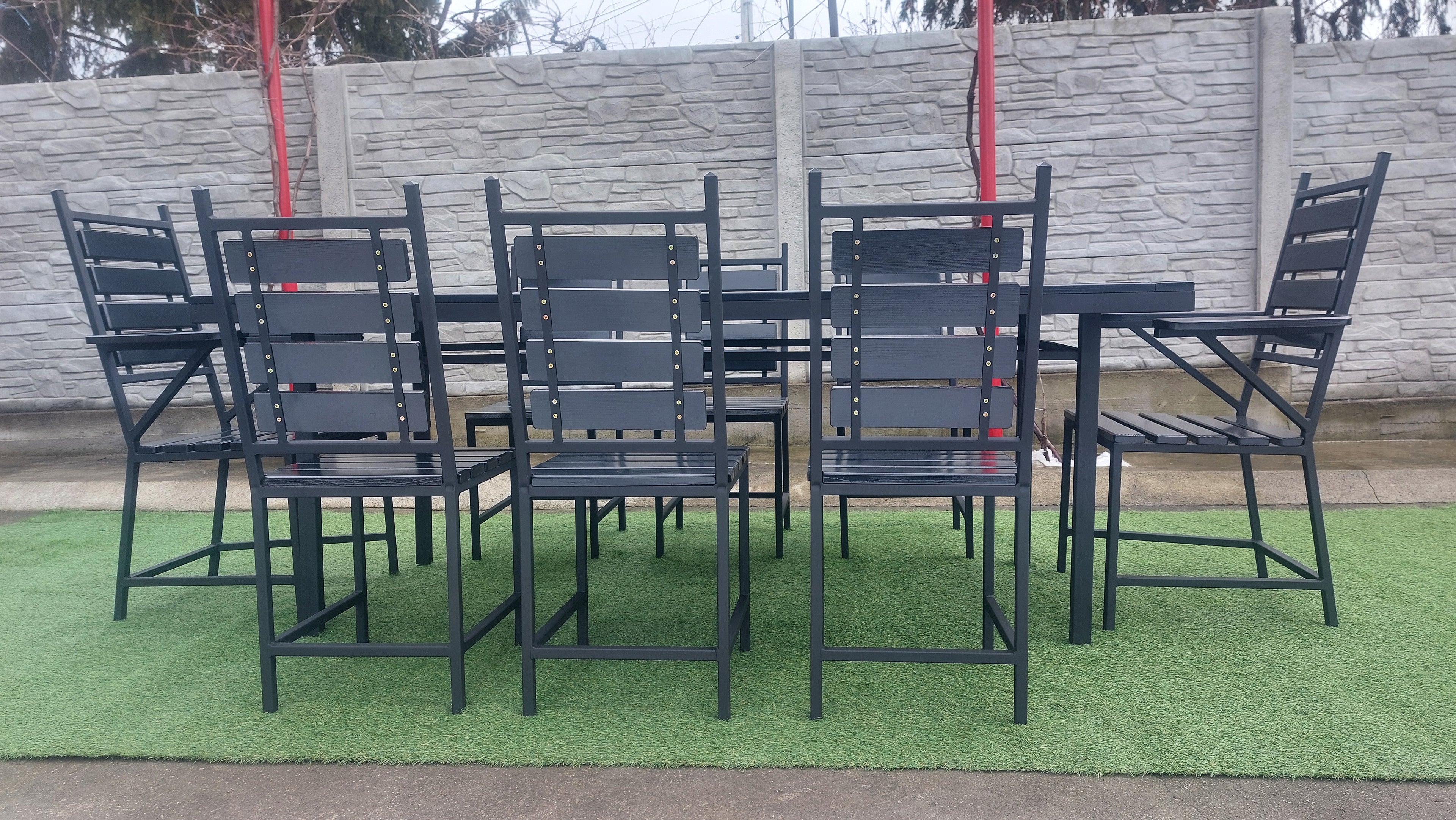 Set masă terasă 2000x1000mm – scanduri gri antracit, cadru fier negru, 8 scaune
