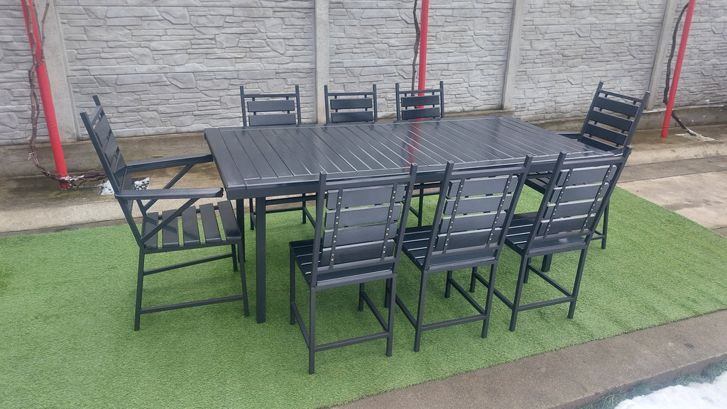 Set masă terasă 2000x1000mm – scanduri gri antracit, cadru fier negru, 8 scaune
