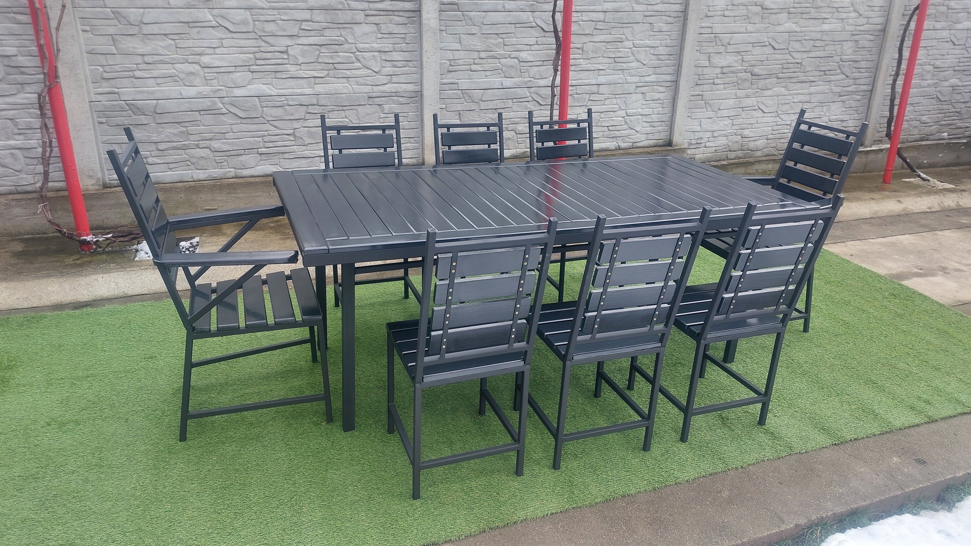 Set masă terasă 2000x1000mm – scanduri gri antracit, cadru fier negru, 8 scaune