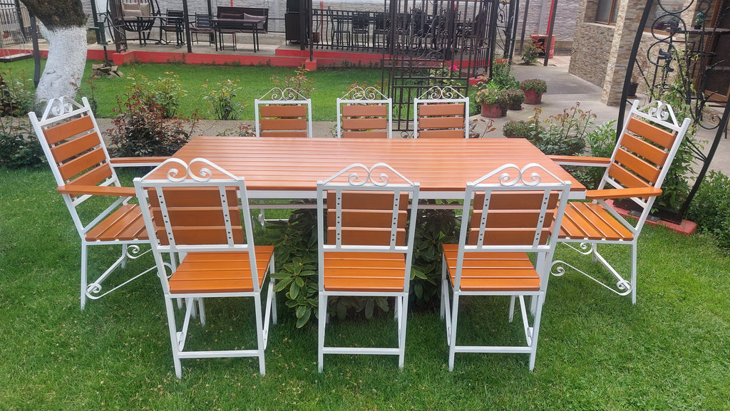 Set masă de terasă 2000x900mm – lemn culoare teak, cadru fier alb, 8 scaune