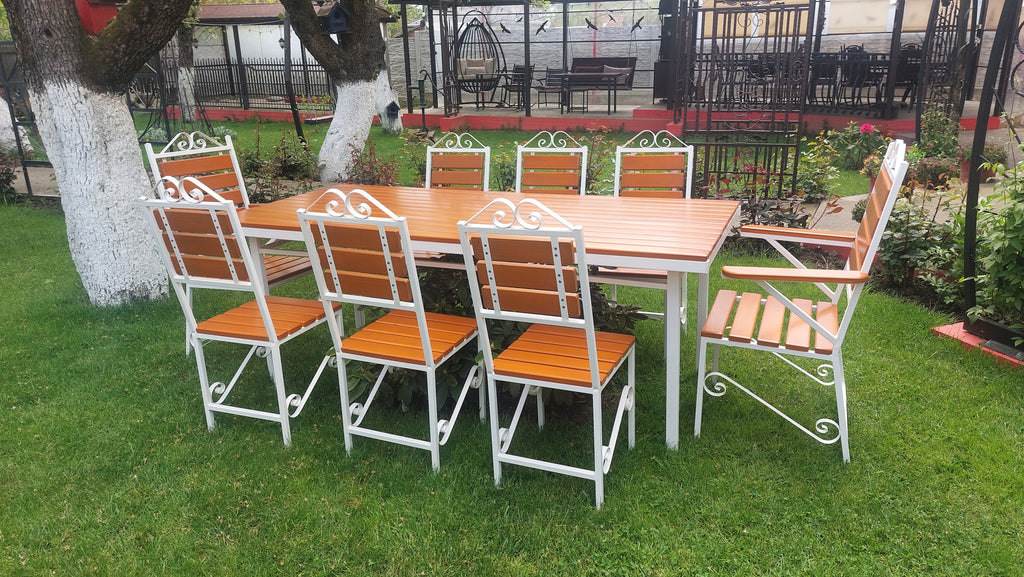 Set masă de terasă 2000x900mm – lemn culoare teak, cadru fier alb, 8 scaune