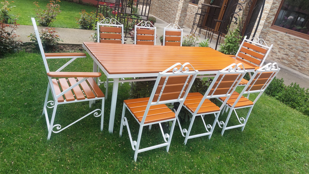 Set masă de terasă 2000x900mm – lemn culoare teak, cadru fier alb, 8 scaune