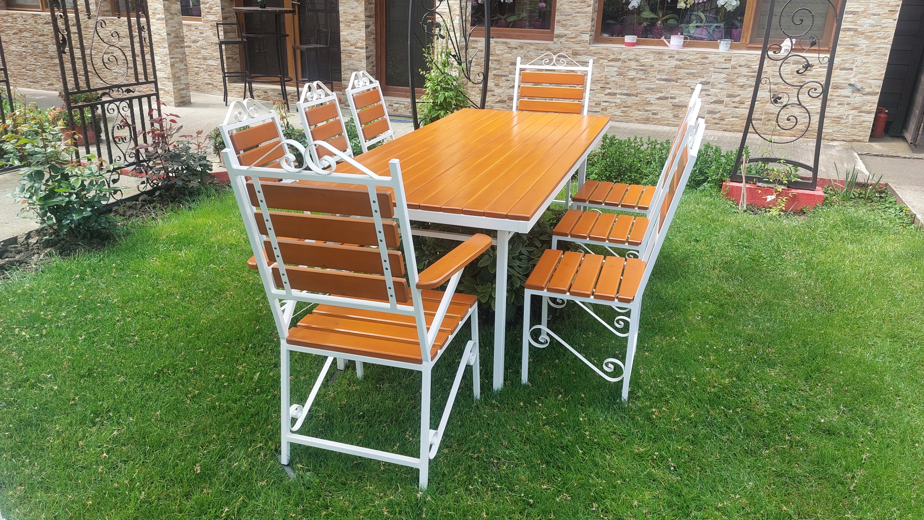 Set masă de terasă 2000x900mm – lemn culoare teak, cadru fier alb, 8 scaune