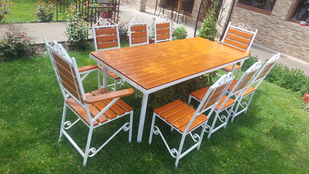 Set masă de terasă 2000x900mm – lemn culoare teak, cadru fier alb, 8 scaune