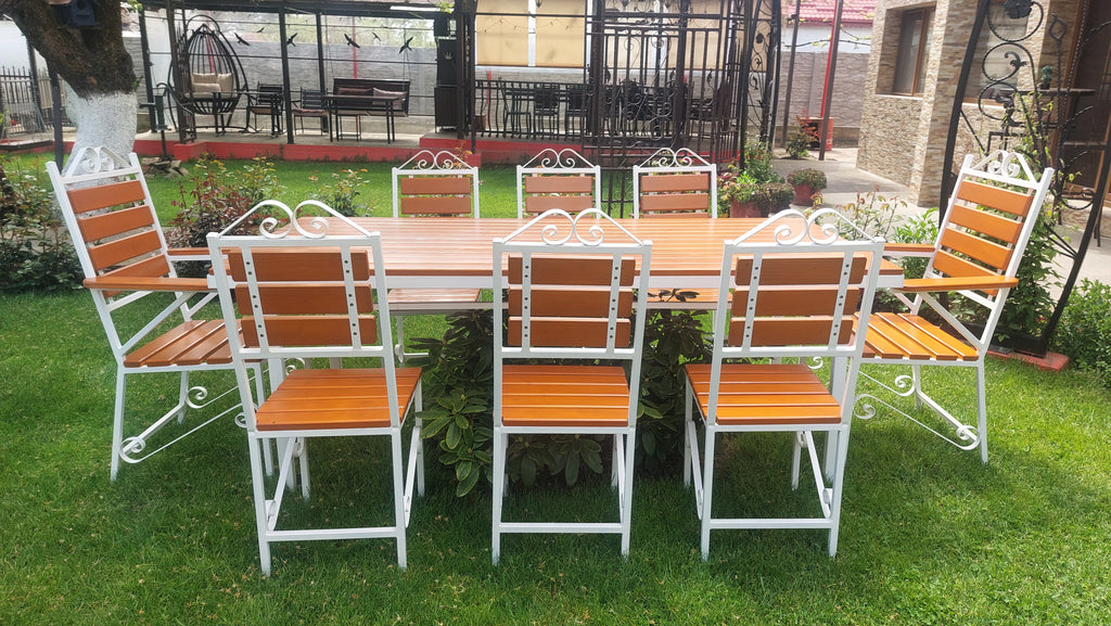 Set masă de terasă 2000x900mm – lemn culoare teak, cadru fier alb, 8 scaune