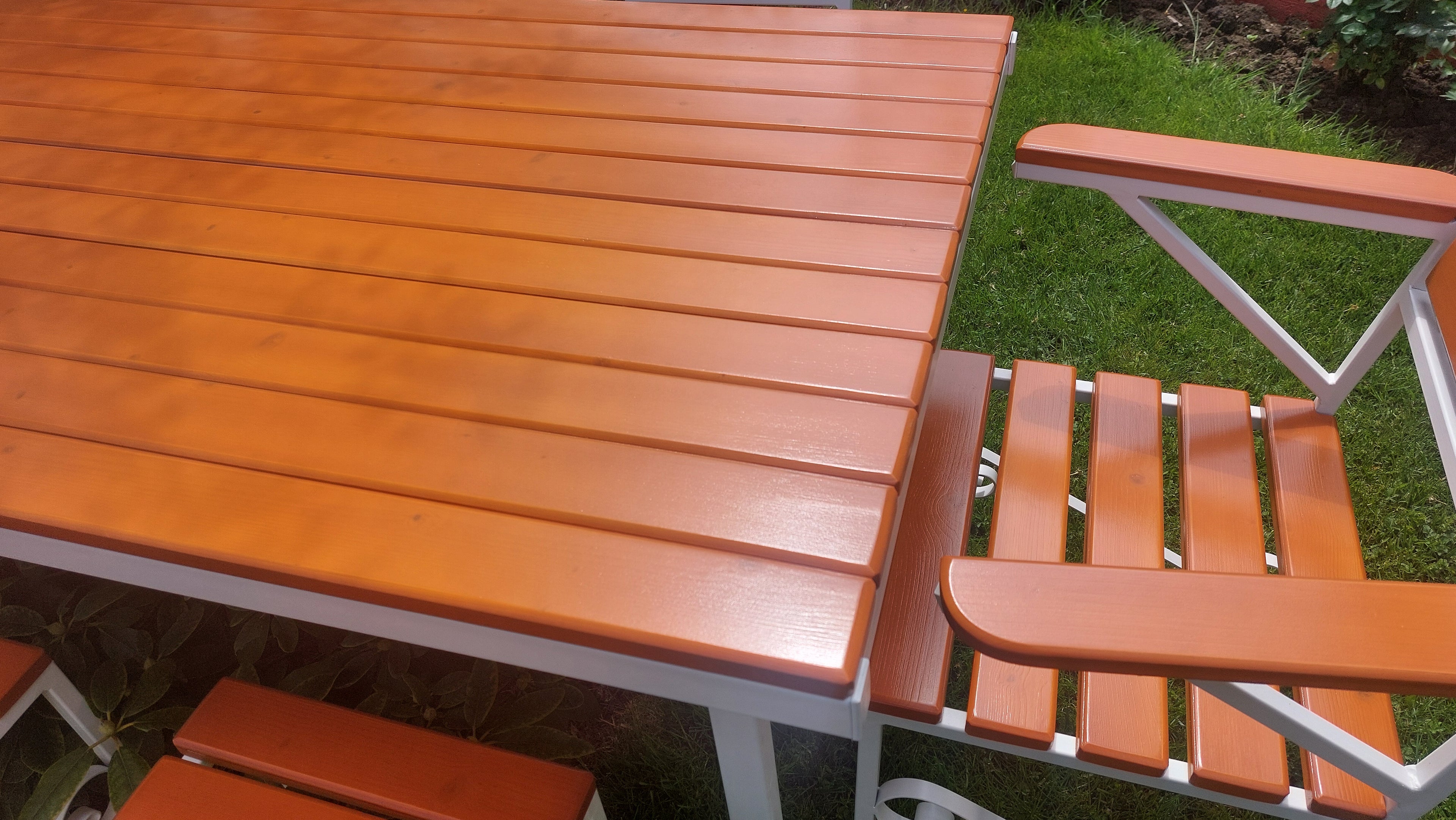 Set masă de terasă 2000x900mm – lemn culoare teak, cadru fier alb, 8 scaune