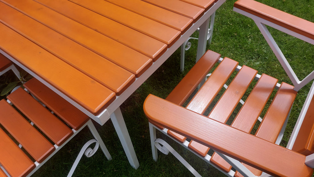 Set masă de terasă 2000x900mm – lemn culoare teak, cadru fier alb, 8 scaune
